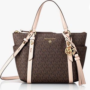 NWT Sign. Logo Small Zip Top Tote Bag, Color: Brown & Tan